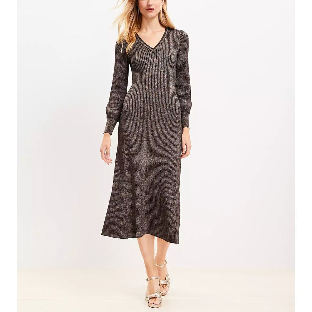 LOFT Gold Black Shimmer Ribbed V-Neck Midi Sweater Dress Blouson Sleeves